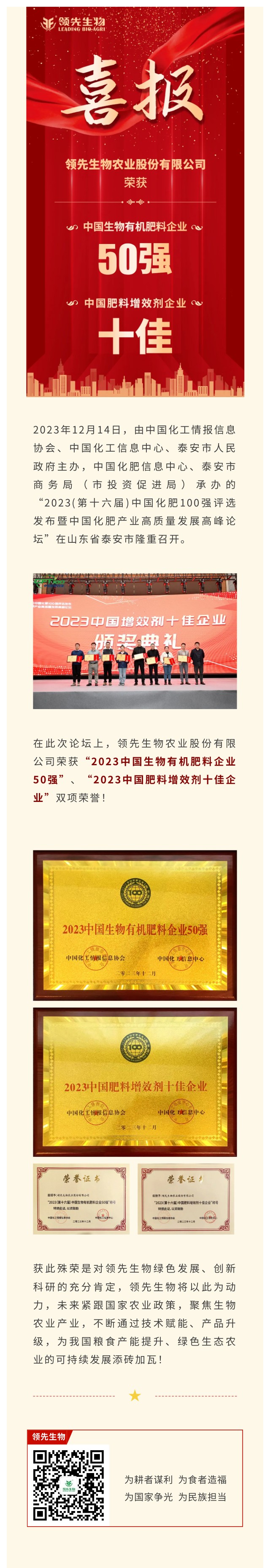 實(shí)力上榜 | 領(lǐng)先生物榮獲2023中國生物有機(jī)肥料企業(yè)50強(qiáng)！中國肥料增效劑十佳企業(yè)！